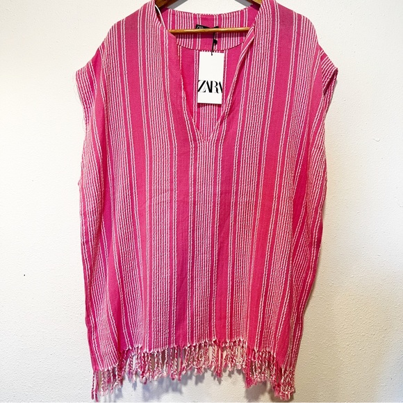 Zara Kaftan coverup fringe short cotton dress small medium - Picture 5 of 7